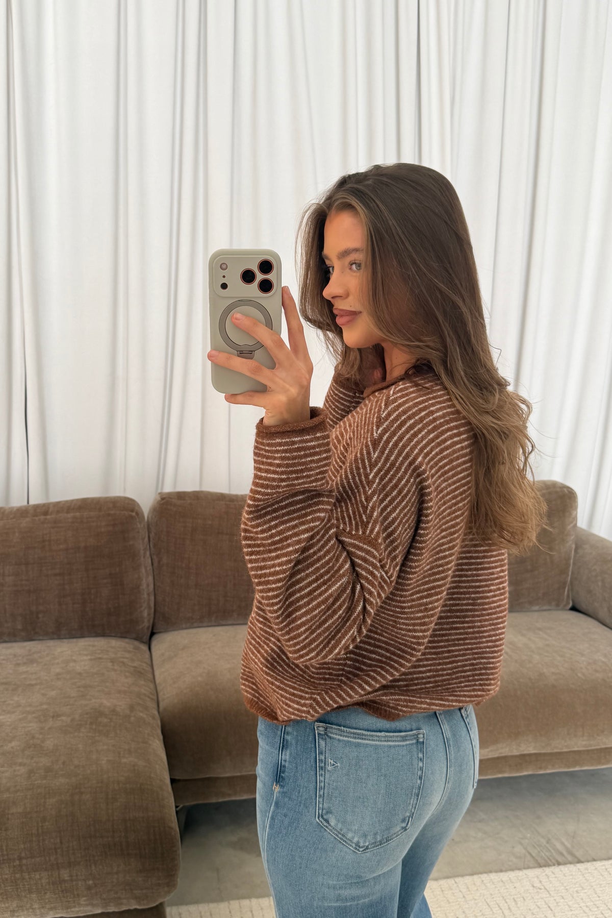 Piper Pin Striped Cardigan in Brown, side view
