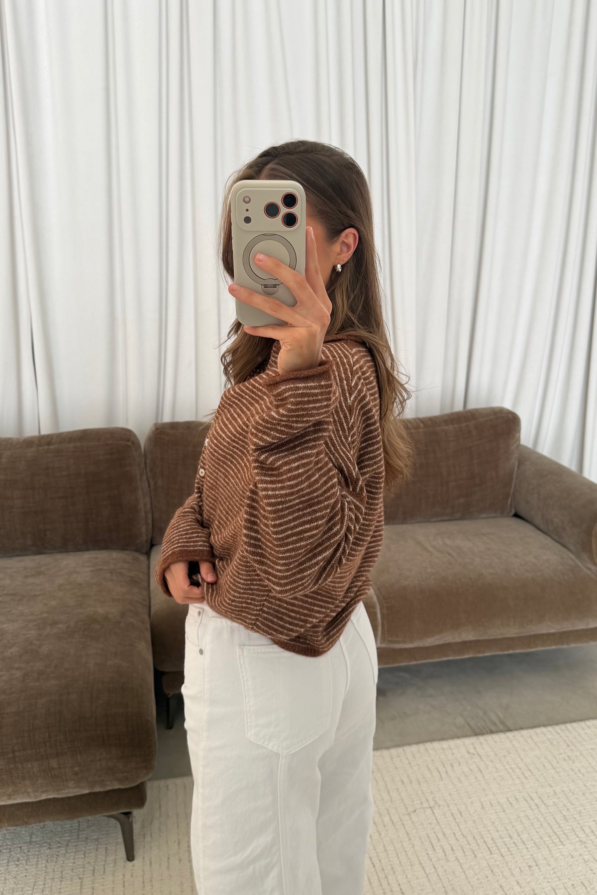 Piper Pin Striped Cardigan in Brown, full length