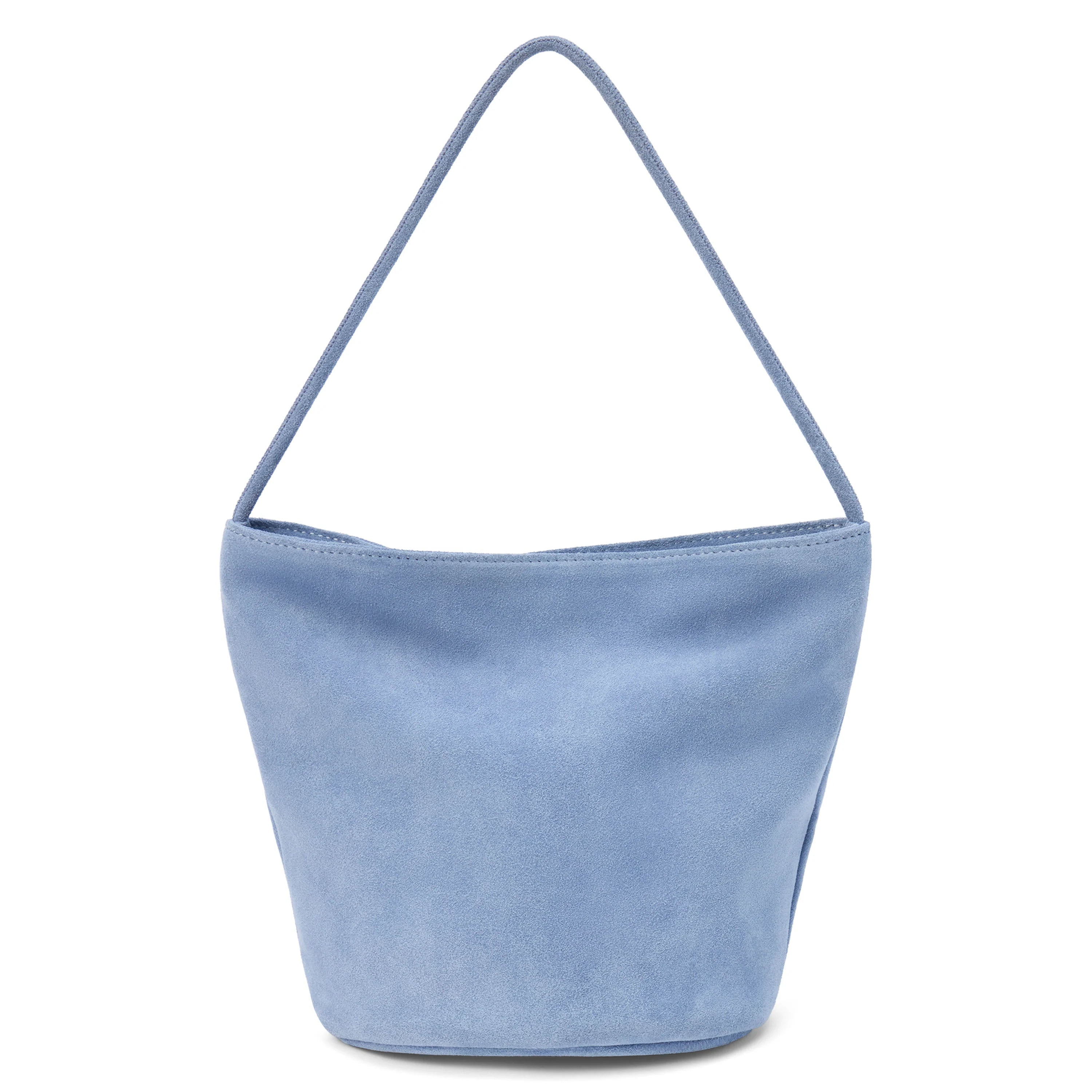 Vancouver suede bucket bag in dusty blue with a single shoulder strap, shown on a white background