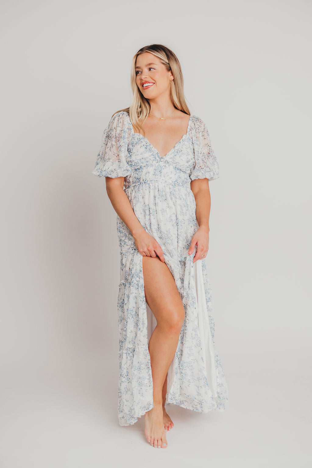 Daphne High Slit Eyelet Detail Maxi Dress in Blue and White Floral - Bump Friendly Inclusive Sizing (S-3XL)