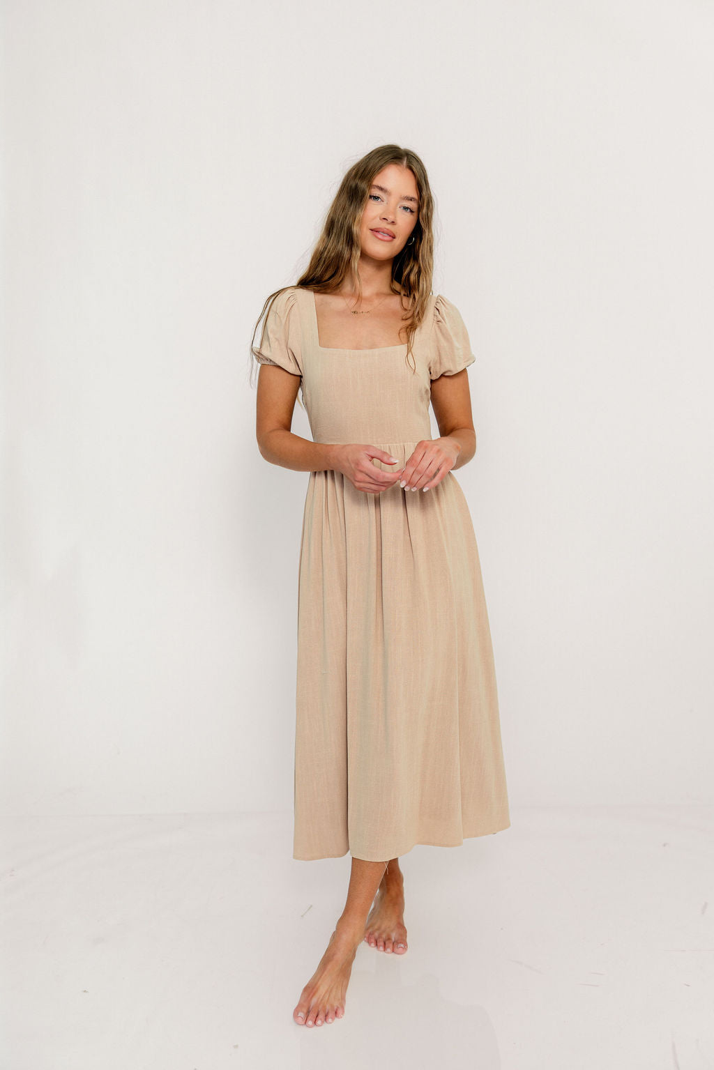 August Open Back Midi Dress in Taupe - Bump Friendly