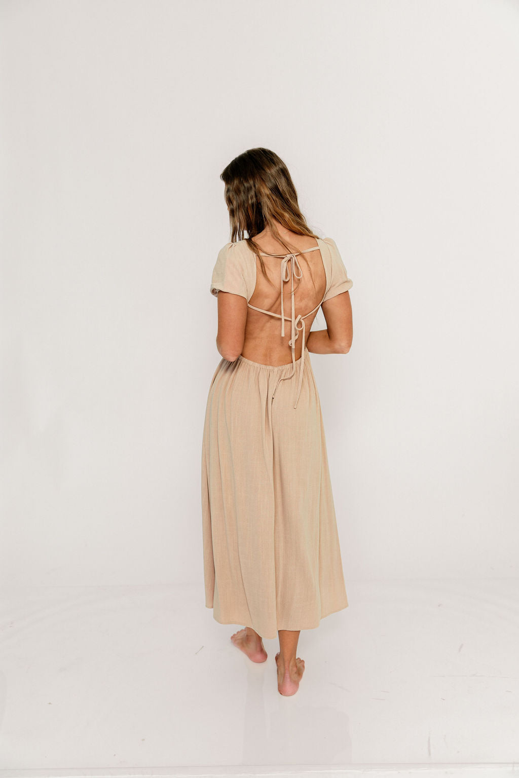 August Open Back Midi Dress in Taupe - Bump Friendly