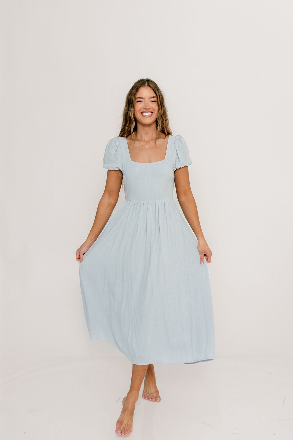 August Open Back Midi Dress in Baby Blue - Bump Friendly