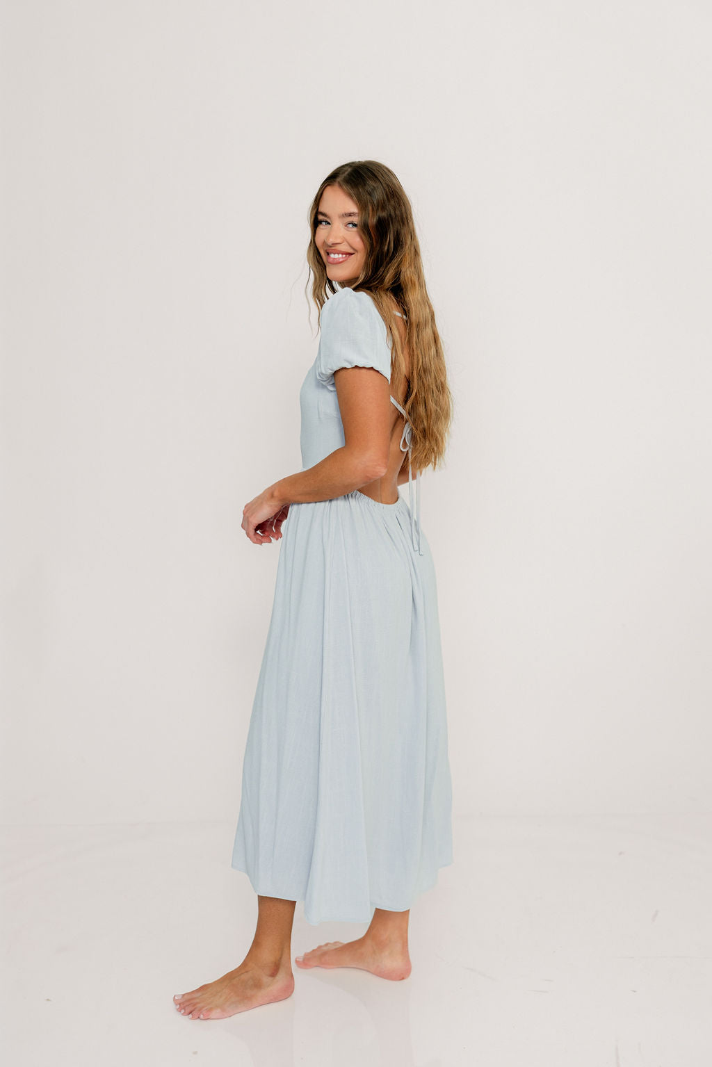 August Open Back Midi Dress in Baby Blue - Bump Friendly