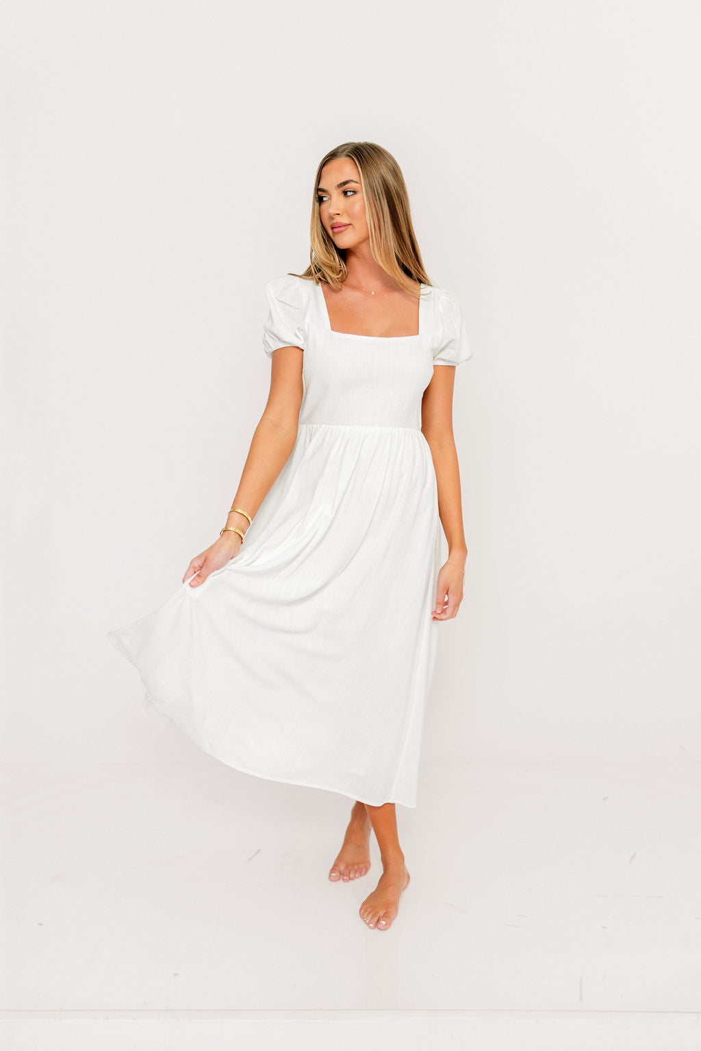 August Open Back Midi Dress in White - Bump Friendly