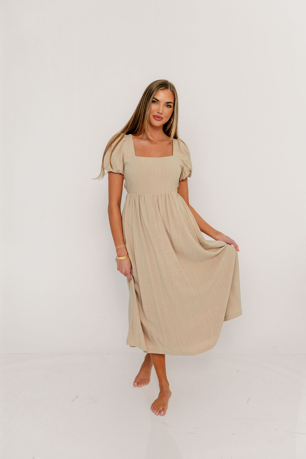 Ainsley Square Neck Midi Dress with Puffed Sleeves in Oat - Bump Friendly