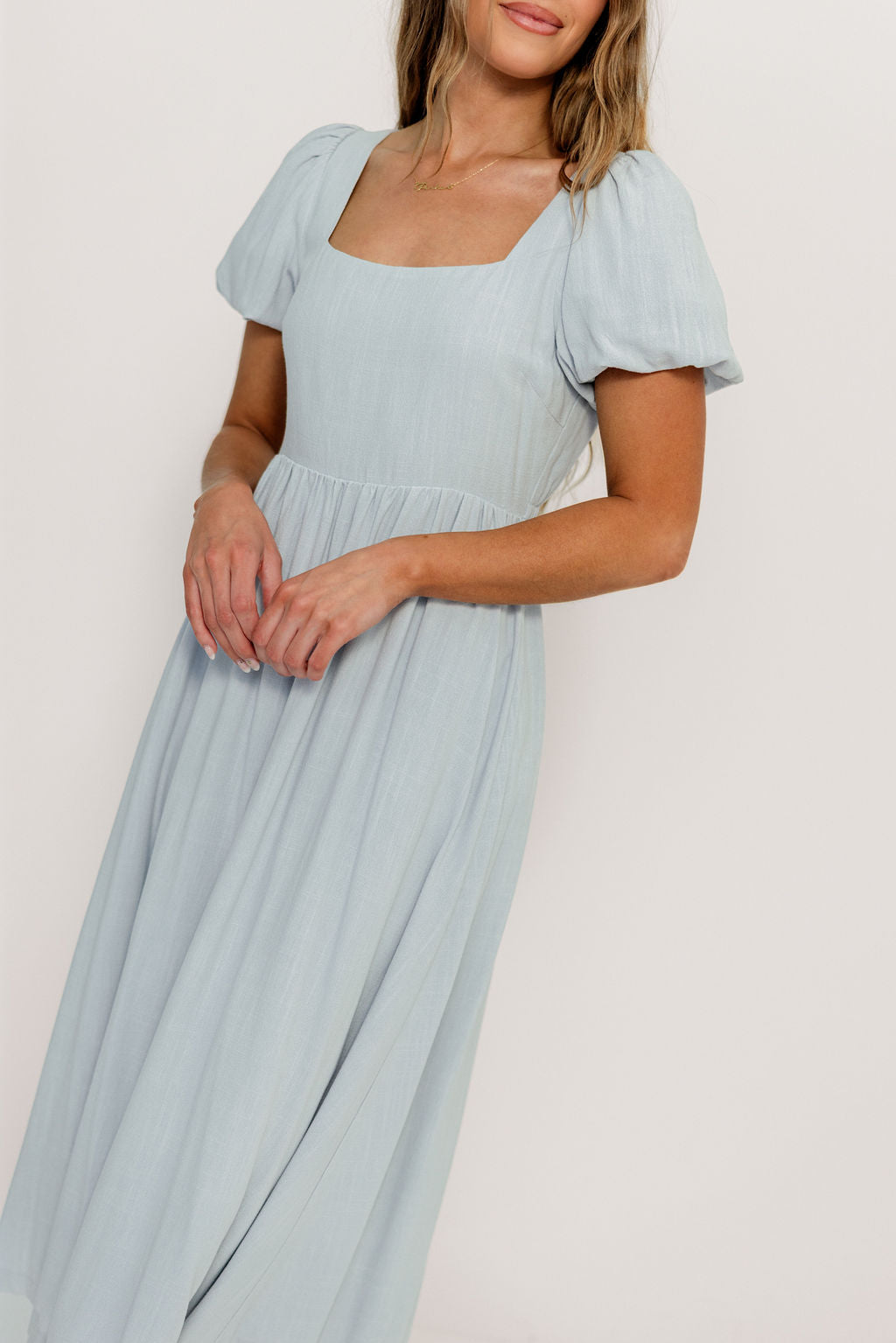 Ainsley Square Neck Midi Dress with Puffed Sleeves in Baby Blue - Bump Friendly