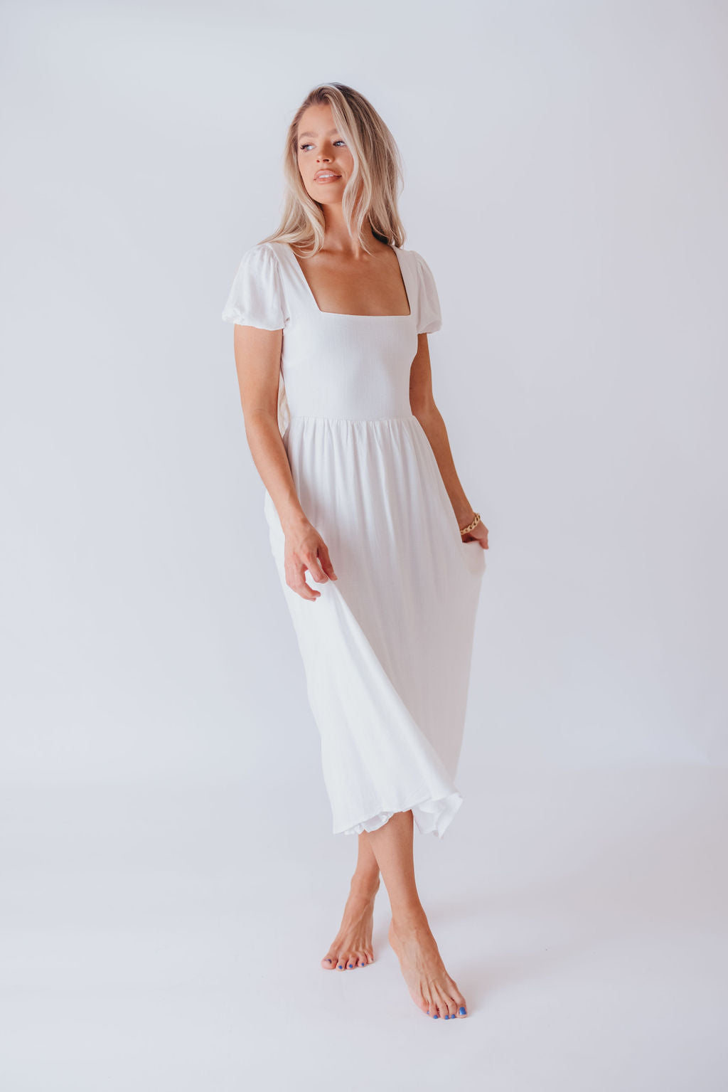 August Open Back Midi Dress in White - Bump Friendly